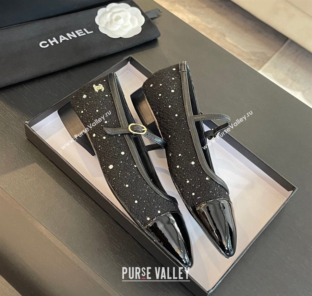 Chanel Tweed Patent Calfskin Mary Janes Ballet Flats G46001 Black/Sequins 2024 (SS-241121136)