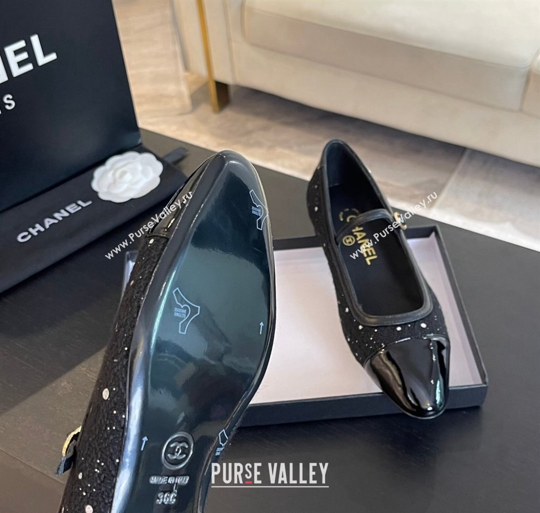 Chanel Tweed Patent Calfskin Mary Janes Ballet Flats G46001 Black/Sequins 2024 (SS-241121136)