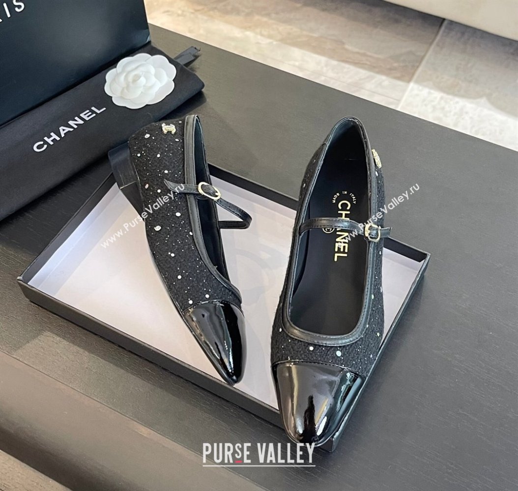 Chanel Tweed Patent Calfskin Mary Janes Ballet Flats G46001 Black/Sequins 2024 (SS-241121136)