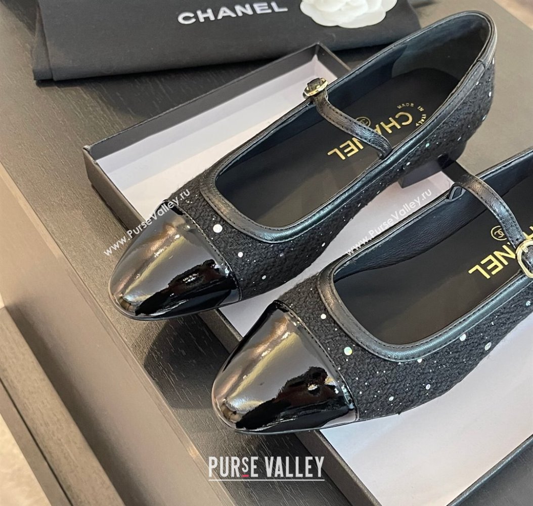 Chanel Tweed Patent Calfskin Mary Janes Ballet Flats G46001 Black/Sequins 2024 (SS-241121136)