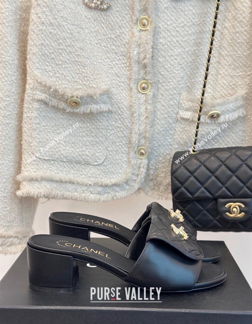 Chanel Lambskin Heel Slides Sandal 5cm with Quilted CC Foldover G45474 Black 2024 (MD-241120082)