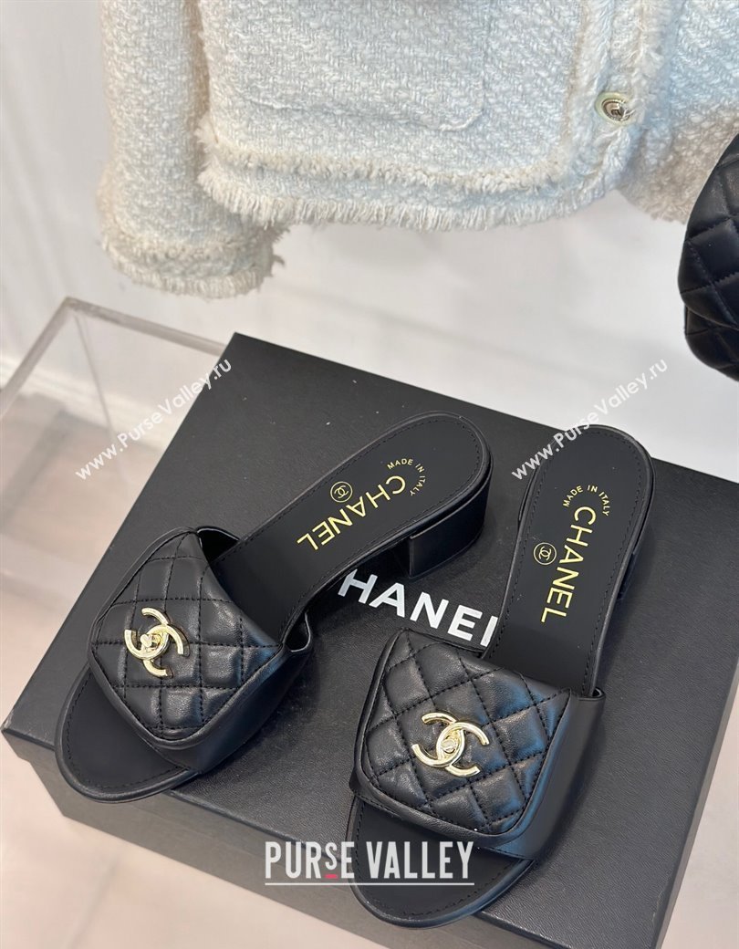 Chanel Lambskin Heel Slides Sandal 5cm with Quilted CC Foldover G45474 Black 2024 (MD-241120082)