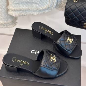 Chanel Lambskin Heel Slides Sandal 5cm with Quilted CC Foldover G45474 Black 2024 (MD-241120082)