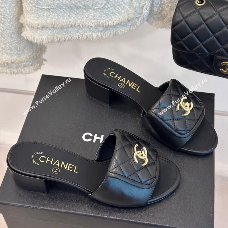 Chanel Lambskin Heel Slides Sandal 5cm with Quilted CC Foldover G45474 Black 2024 (MD-241120082)