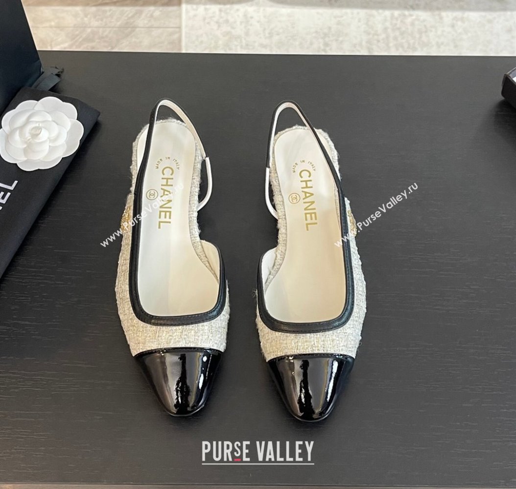 Chanel Tweed Patent Calfskin Slingback Flats G46000 White/Black 2024 (SS-241121140)