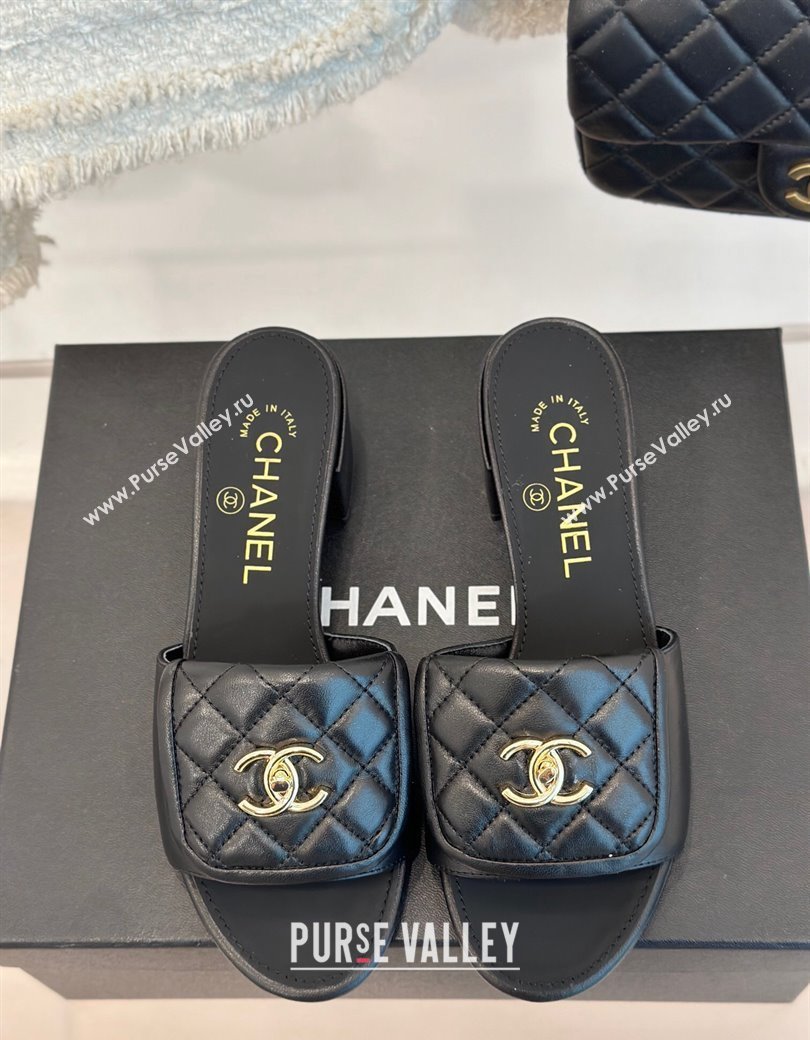 Chanel Lambskin Heel Slides Sandal 5cm with Quilted CC Foldover G45474 Black 2024 (MD-241120082)