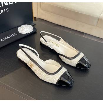 Chanel Tweed Patent Calfskin Slingback Flats G46000 White/Black 2024 (SS-241121140)