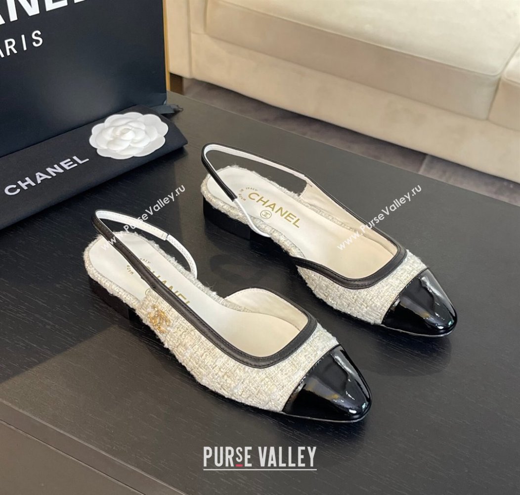 Chanel Tweed Patent Calfskin Slingback Flats G46000 White/Black 2024 (SS-241121140)