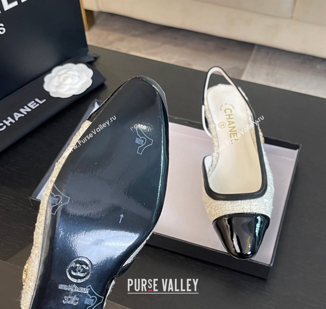 Chanel Tweed Patent Calfskin Slingback Flats G46000 White/Black 2024 (SS-241121140)