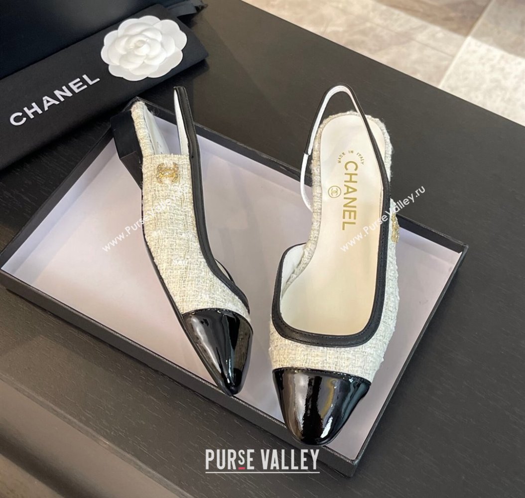 Chanel Tweed Patent Calfskin Slingback Flats G46000 White/Black 2024 (SS-241121140)