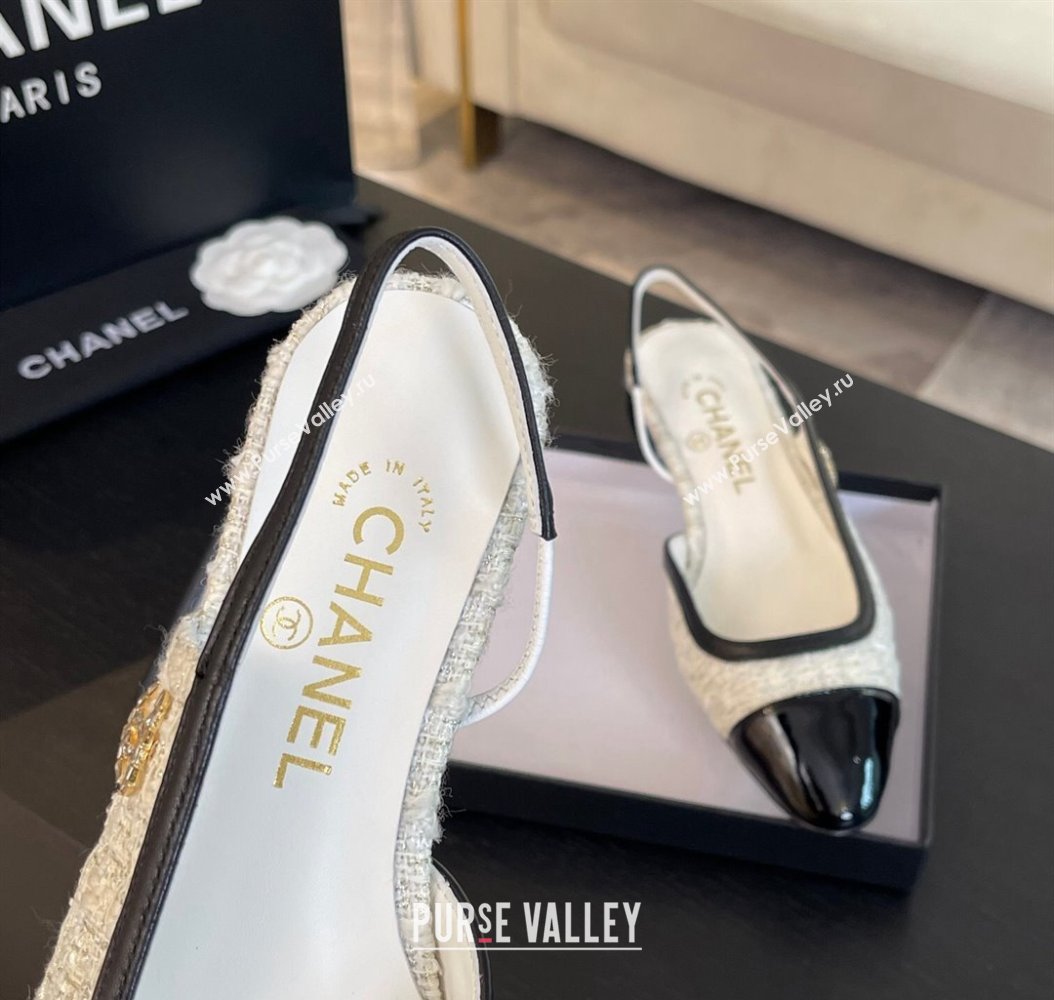 Chanel Tweed Patent Calfskin Slingback Flats G46000 White/Black 2024 (SS-241121140)