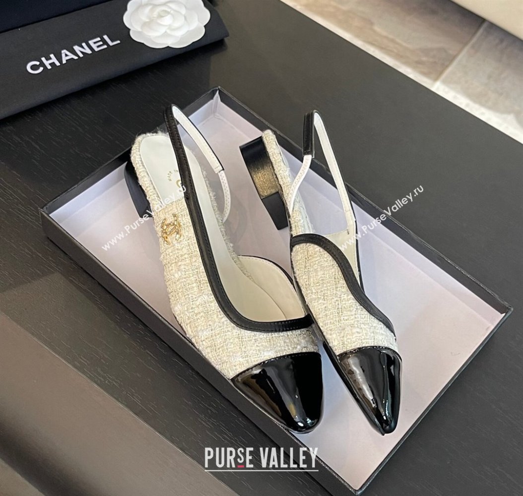 Chanel Tweed Patent Calfskin Slingback Flats G46000 White/Black 2024 (SS-241121140)