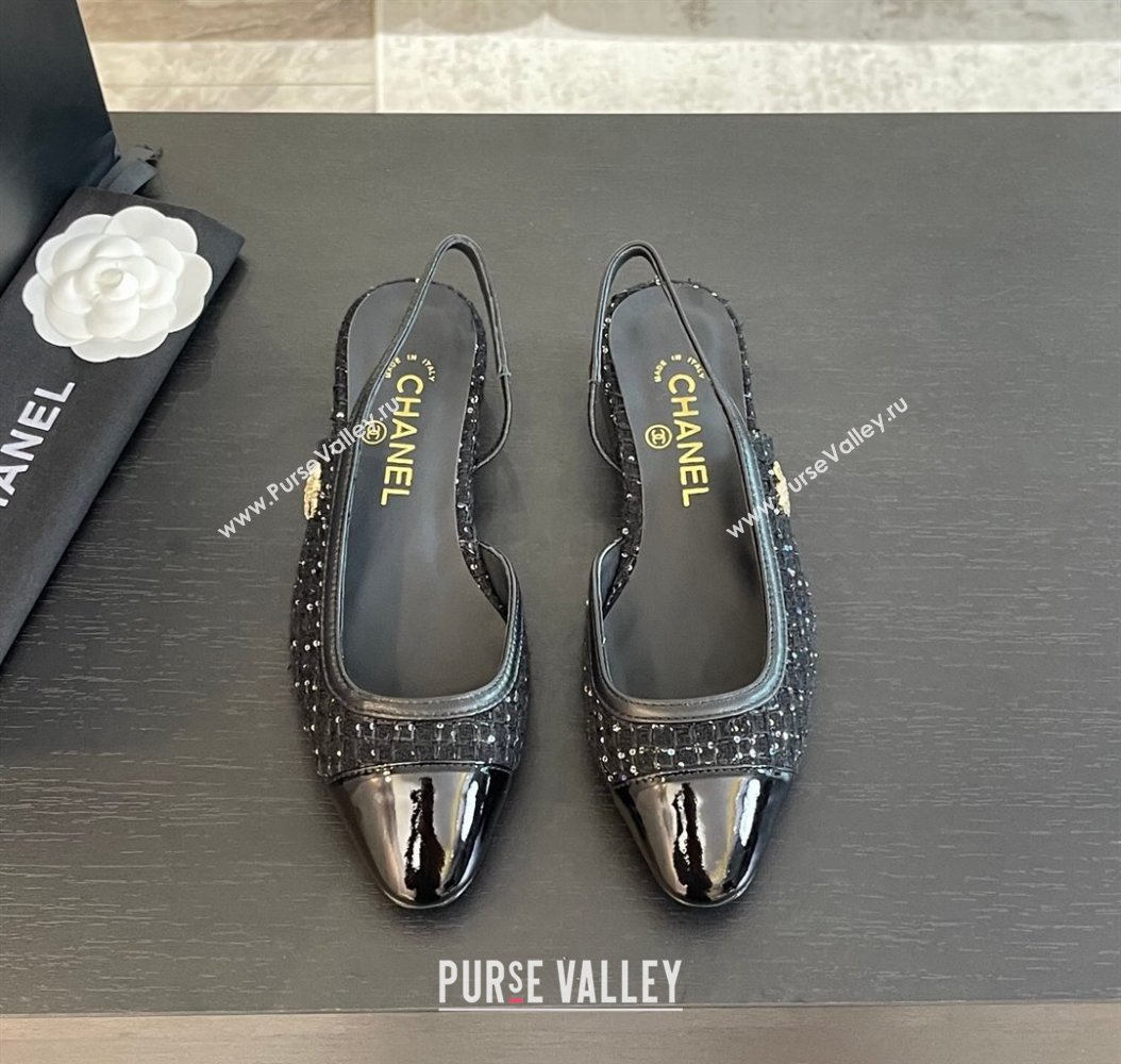 Chanel Tweed Patent Calfskin Slingback Flats G46000 Black/Sequins 2024 (SS-241121141)