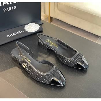 Chanel Tweed Patent Calfskin Slingback Flats G46000 Black/Sequins 2024 (SS-241121141)