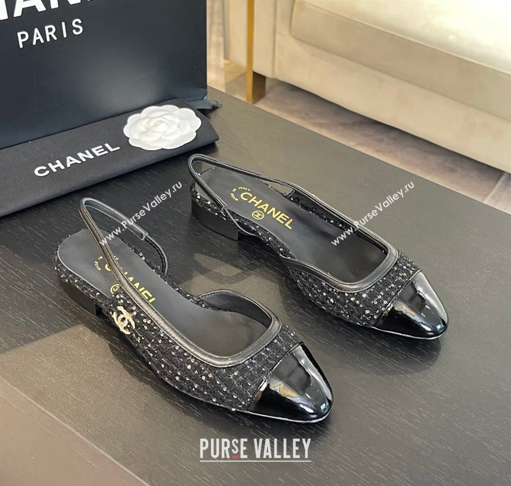 Chanel Tweed Patent Calfskin Slingback Flats G46000 Black/Sequins 2024 (SS-241121141)