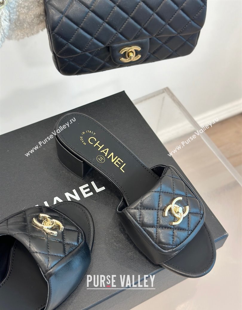 Chanel Lambskin Heel Slides Sandal 5cm with Quilted CC Foldover G45474 Black 2024 (MD-241120082)