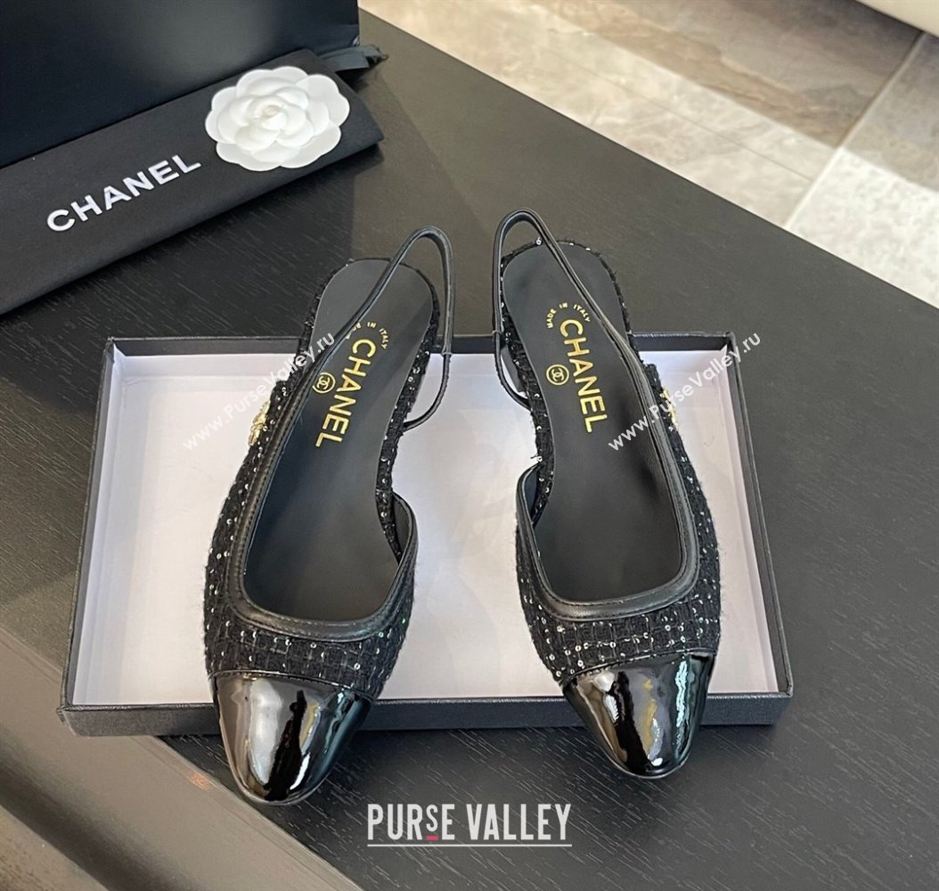 Chanel Tweed Patent Calfskin Slingback Flats G46000 Black/Sequins 2024 (SS-241121141)