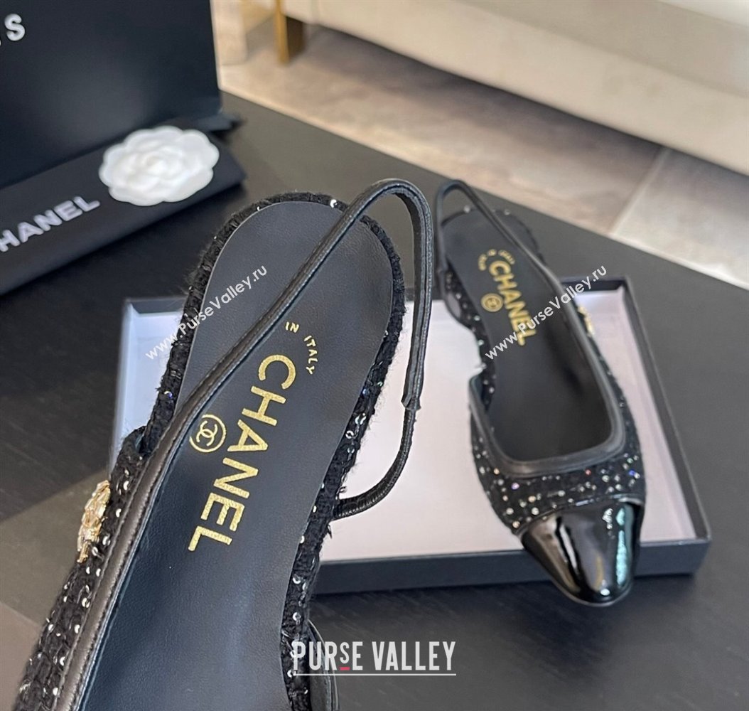 Chanel Tweed Patent Calfskin Slingback Flats G46000 Black/Sequins 2024 (SS-241121141)