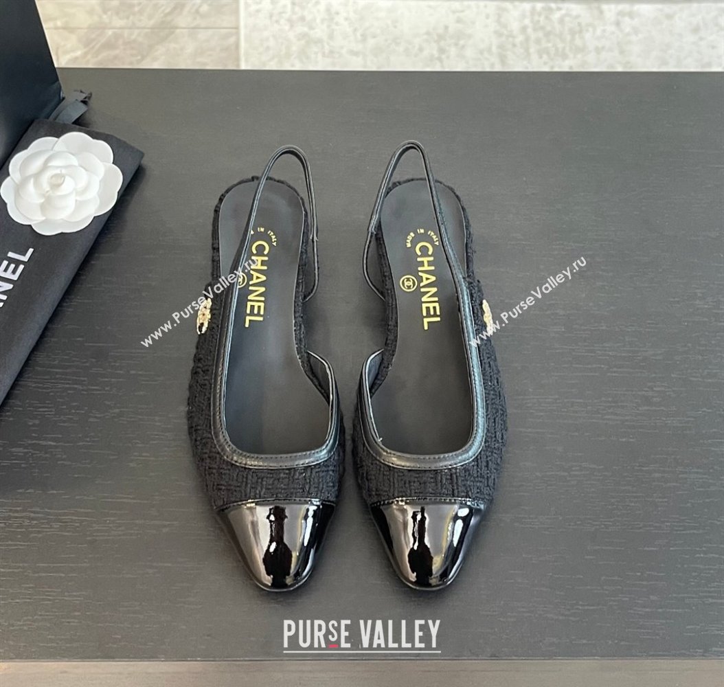 Chanel Tweed Patent Calfskin Slingback Flats G46000 Black Upper 2024 (SS-241121142)