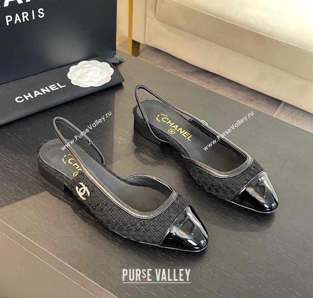 Chanel Tweed Patent Calfskin Slingback Flats G46000 Black Upper 2024 (SS-241121142)