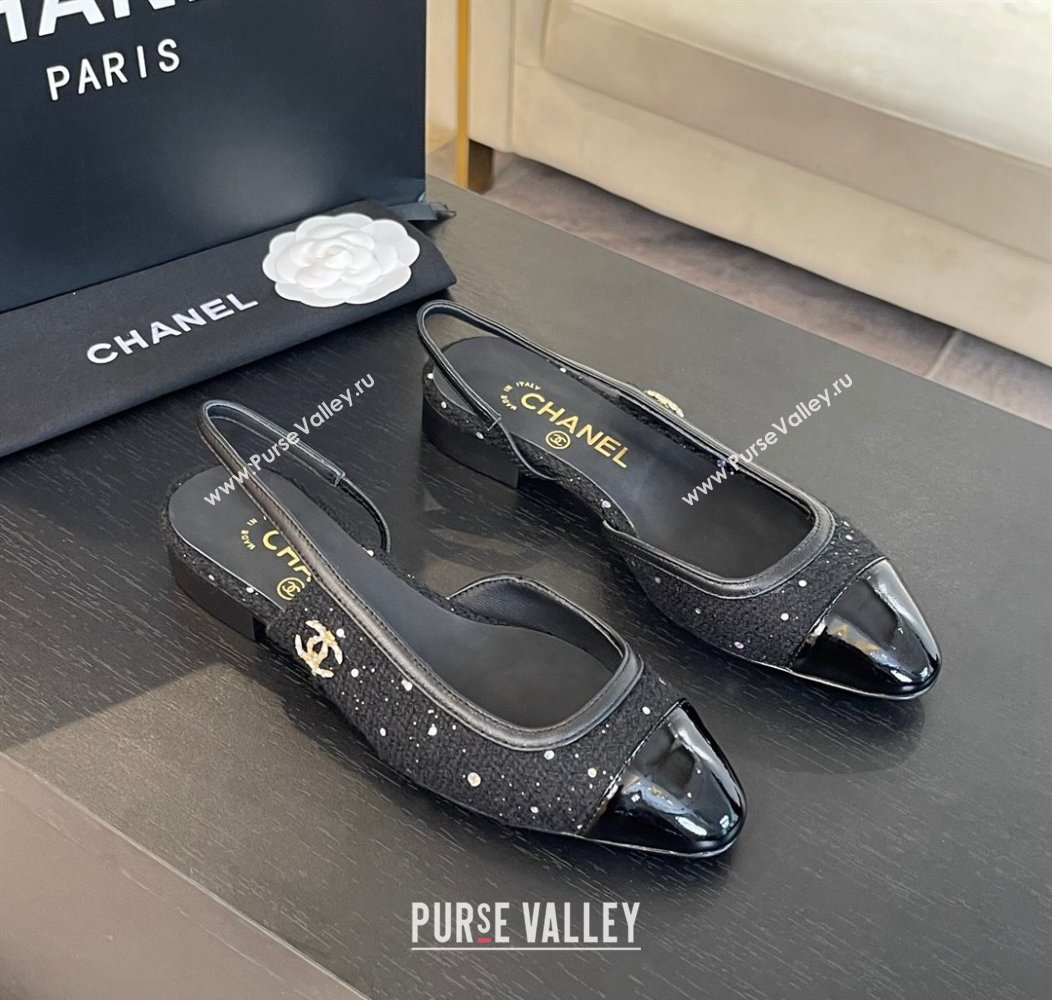 Chanel Tweed Sequins Patent Calfskin Slingback Flats G46000 Black2 2024 (SS-241121143)