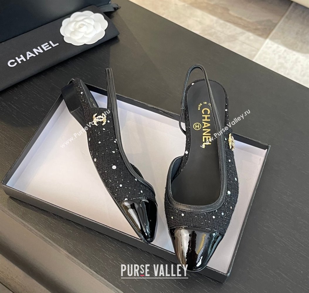 Chanel Tweed Sequins Patent Calfskin Slingback Flats G46000 Black2 2024 (SS-241121143)