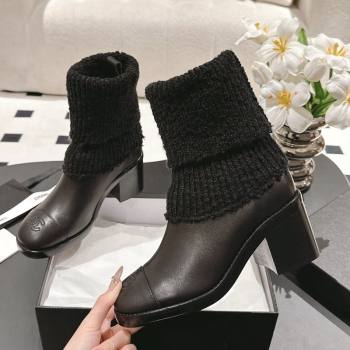 Chanel Calfskin Knit Ankle Boots Black 2024 CH112119 (SS-241121158)