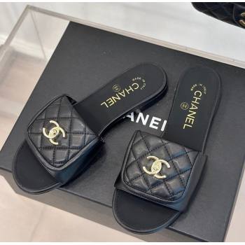 Chanel Lambskin Flat Slides Sandal with Quilted CC Foldover G45474 Black 2024 (MD-241120083)