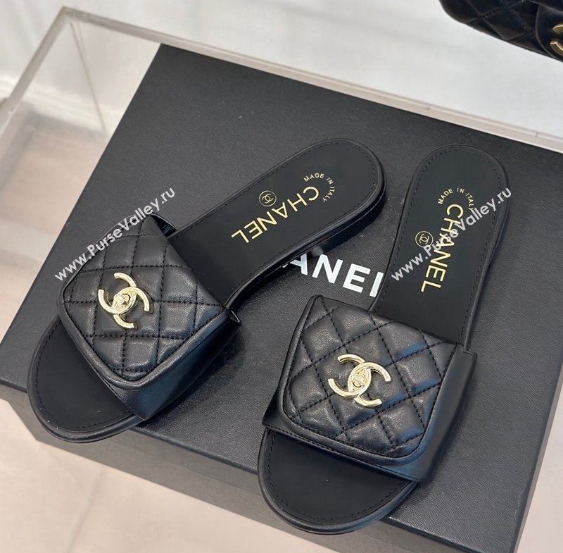 Chanel Lambskin Flat Slides Sandal with Quilted CC Foldover G45474 Black 2024 (MD-241120083)