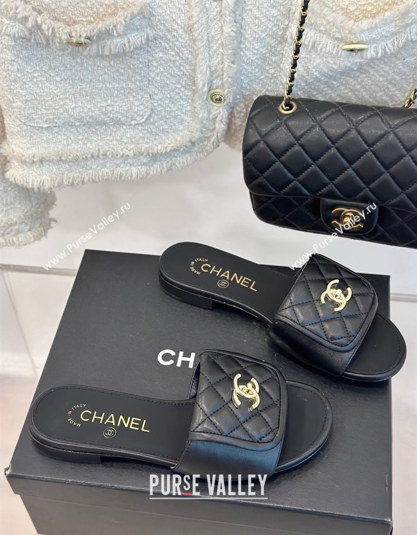 Chanel Lambskin Flat Slides Sandal with Quilted CC Foldover G45474 Black 2024 (MD-241120083)