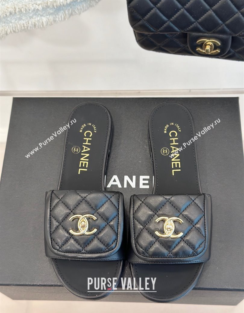 Chanel Lambskin Flat Slides Sandal with Quilted CC Foldover G45474 Black 2024 (MD-241120083)