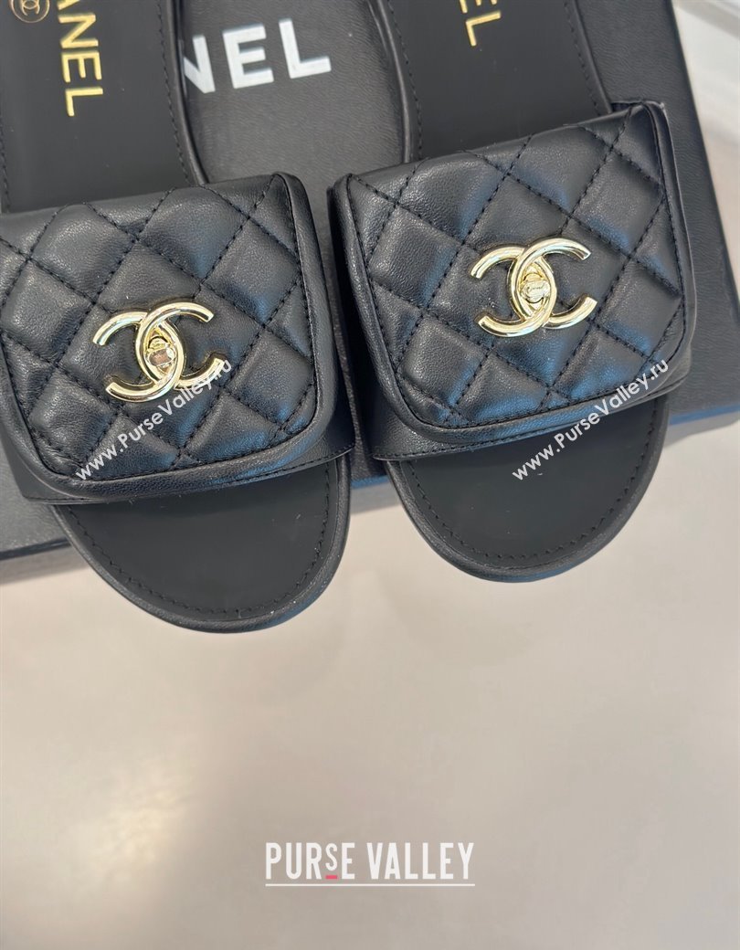 Chanel Lambskin Flat Slides Sandal with Quilted CC Foldover G45474 Black 2024 (MD-241120083)