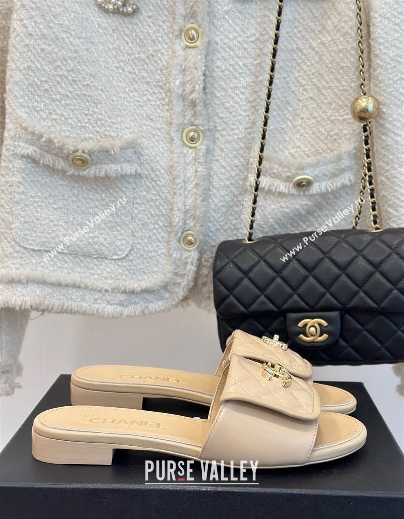 Chanel Lambskin Flat Slides Sandal with Quilted CC Foldover G45474 Beige 2024 (MD-241120084)