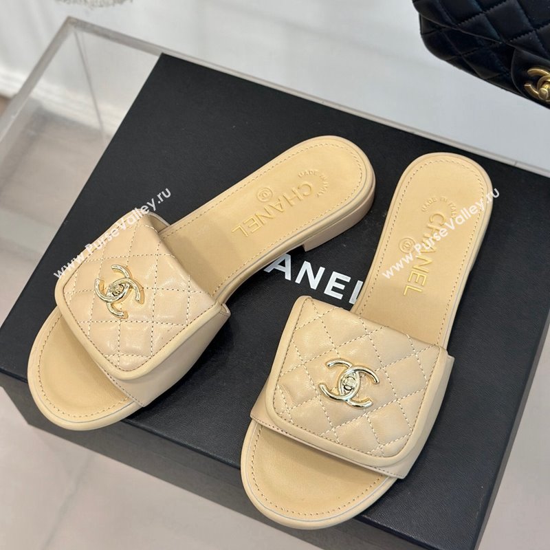 Chanel Lambskin Flat Slides Sandal with Quilted CC Foldover G45474 Beige 2024 (MD-241120084)