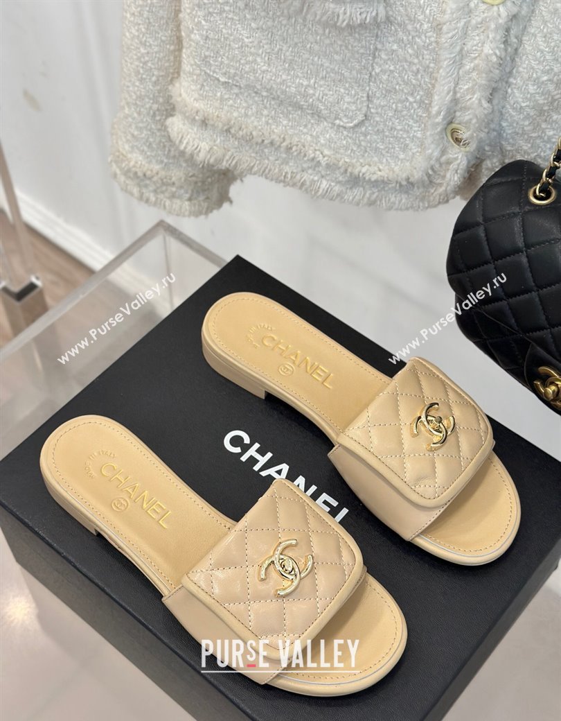 Chanel Lambskin Flat Slides Sandal with Quilted CC Foldover G45474 Beige 2024 (MD-241120084)