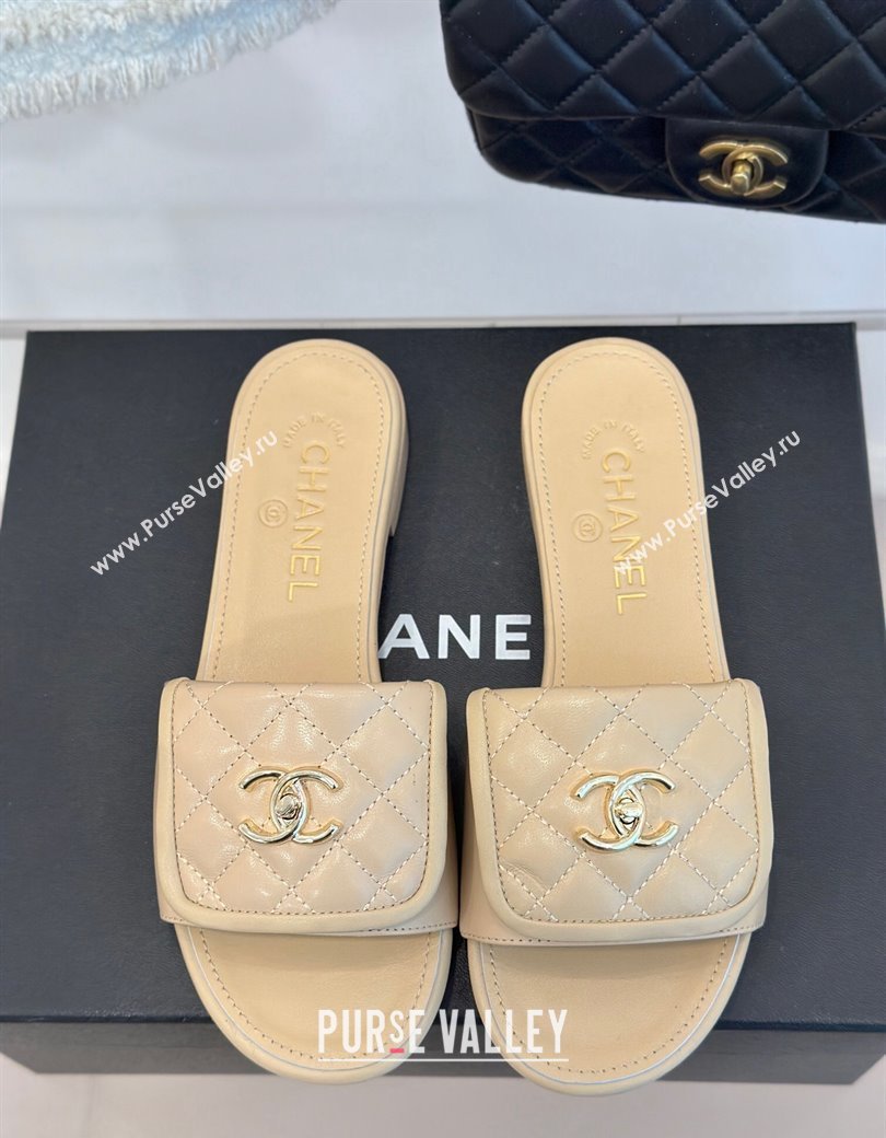 Chanel Lambskin Flat Slides Sandal with Quilted CC Foldover G45474 Beige 2024 (MD-241120084)