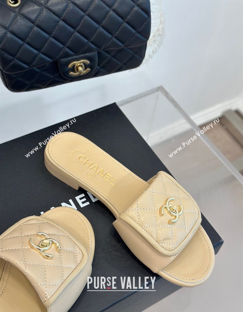 Chanel Lambskin Flat Slides Sandal with Quilted CC Foldover G45474 Beige 2024 (MD-241120084)