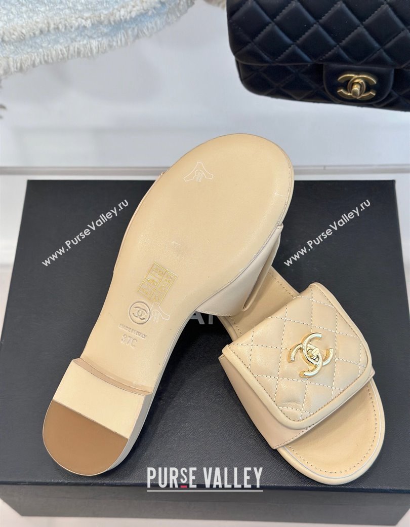 Chanel Lambskin Flat Slides Sandal with Quilted CC Foldover G45474 Beige 2024 (MD-241120084)