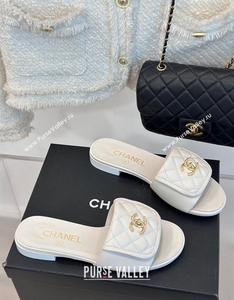 Chanel Lambskin Flat Slides Sandal with Quilted CC Foldover G45474 White 2024 (MD-241120085)