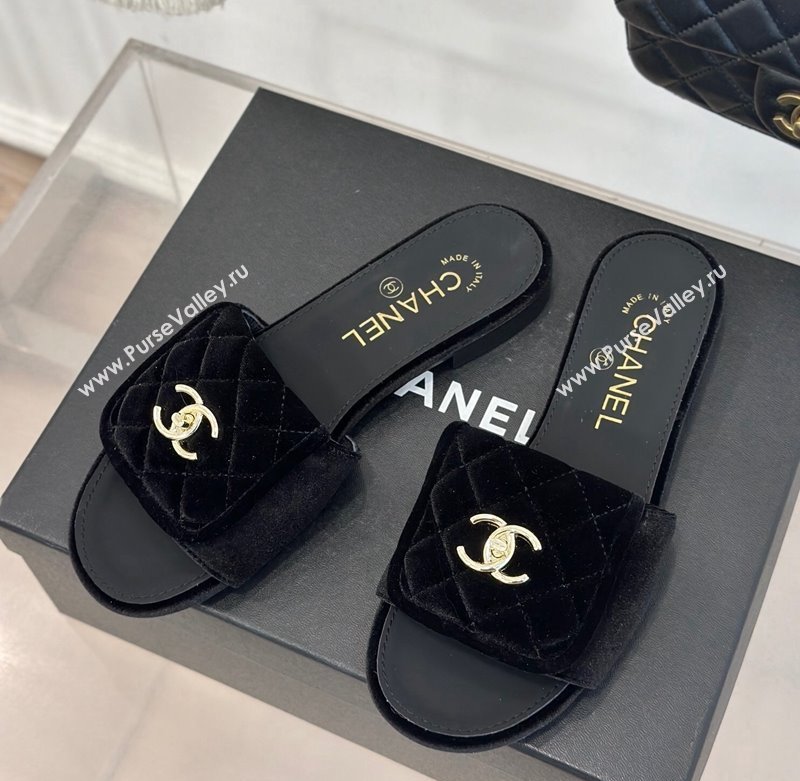 Chanel Velvet Flat Slides Sandal with Quilted CC Foldover G45474 Black 2024 (MD-241120086)