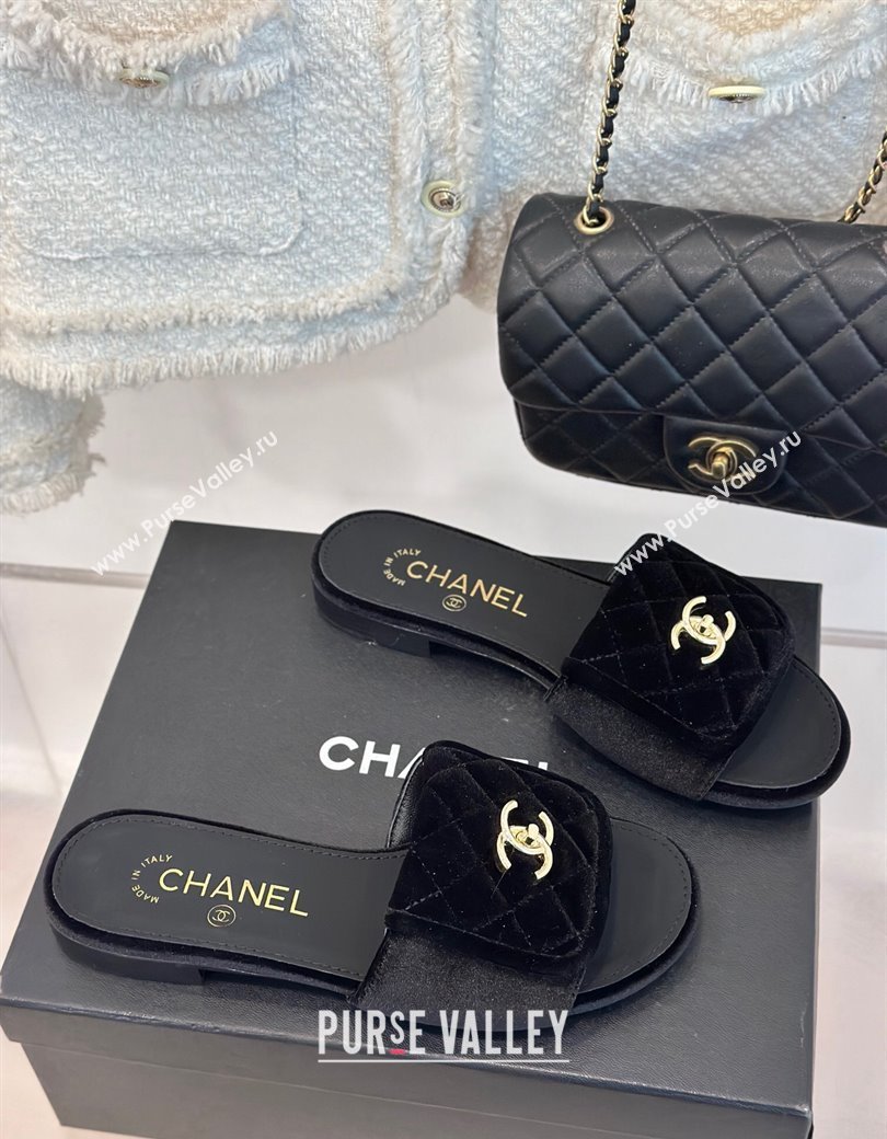 Chanel Velvet Flat Slides Sandal with Quilted CC Foldover G45474 Black 2024 (MD-241120086)