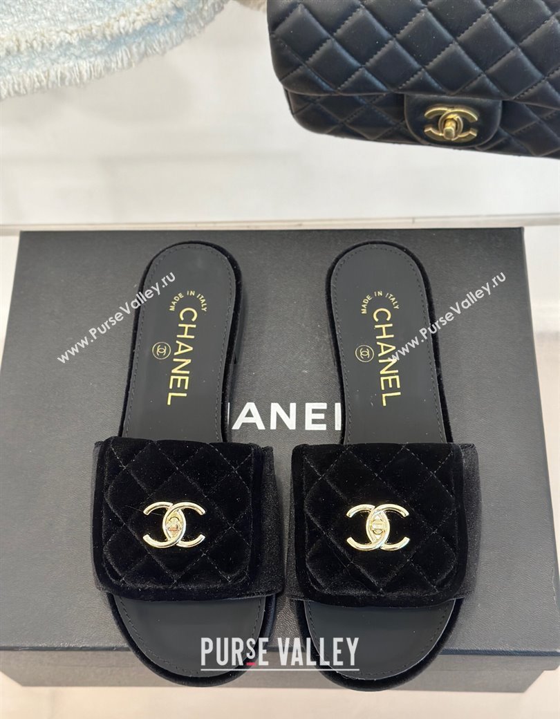 Chanel Velvet Flat Slides Sandal with Quilted CC Foldover G45474 Black 2024 (MD-241120086)