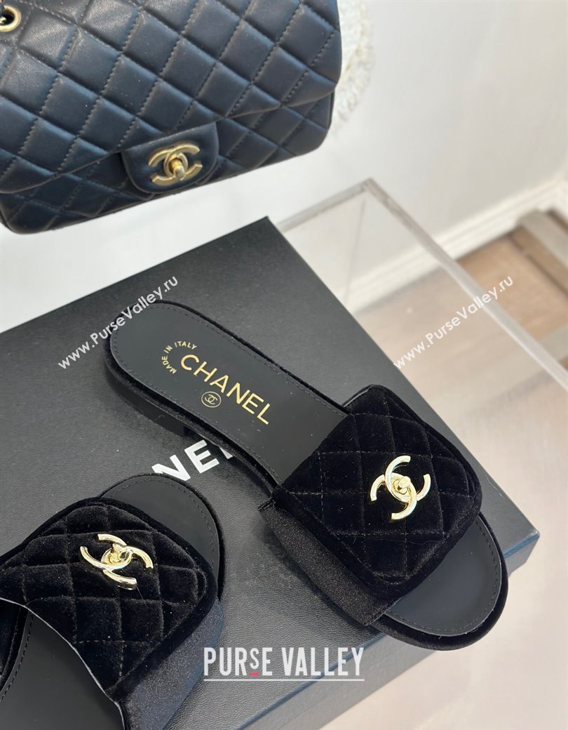 Chanel Velvet Flat Slides Sandal with Quilted CC Foldover G45474 Black 2024 (MD-241120086)