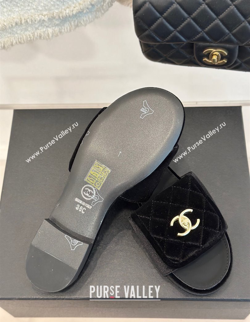 Chanel Velvet Flat Slides Sandal with Quilted CC Foldover G45474 Black 2024 (MD-241120086)