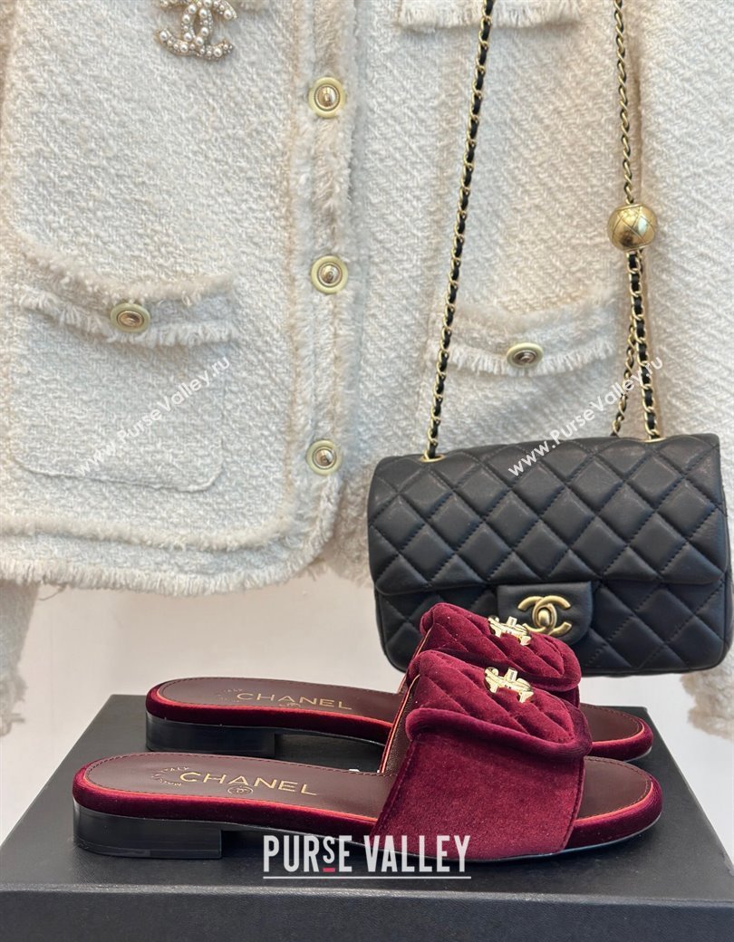 Chanel Velvet Flat Slides Sandal with Quilted CC Foldover G45474 Burgundy 2024 (MD-241120087)