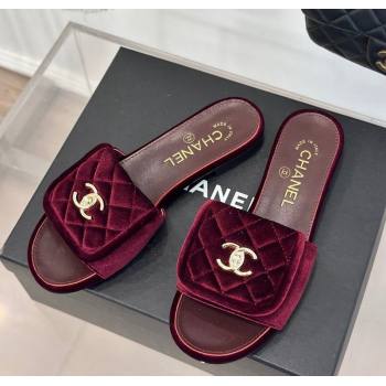 Chanel Velvet Flat Slides Sandal with Quilted CC Foldover G45474 Burgundy 2024 (MD-241120087)