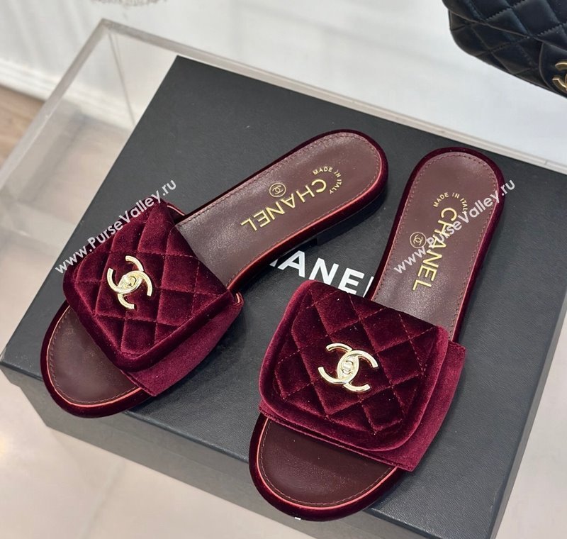 Chanel Velvet Flat Slides Sandal with Quilted CC Foldover G45474 Burgundy 2024 (MD-241120087)