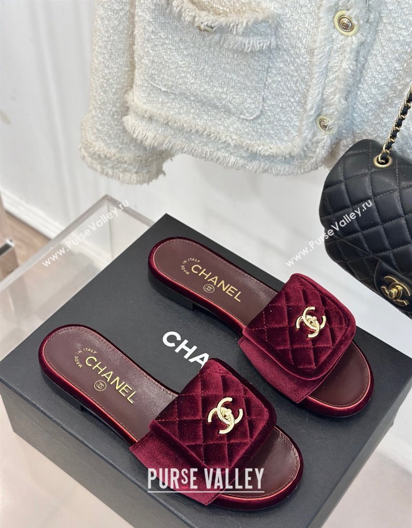 Chanel Velvet Flat Slides Sandal with Quilted CC Foldover G45474 Burgundy 2024 (MD-241120087)