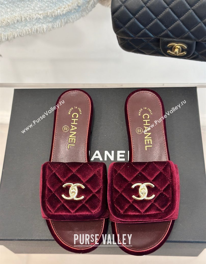 Chanel Velvet Flat Slides Sandal with Quilted CC Foldover G45474 Burgundy 2024 (MD-241120087)