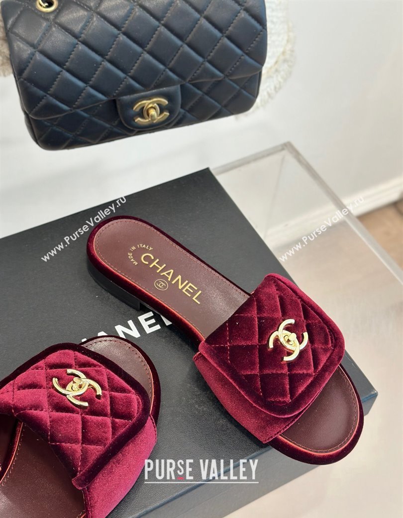 Chanel Velvet Flat Slides Sandal with Quilted CC Foldover G45474 Burgundy 2024 (MD-241120087)